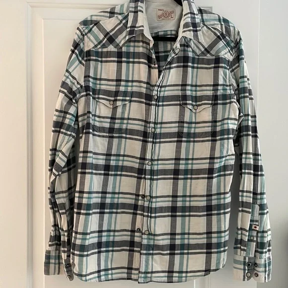 Men's Plaid Button-Up Shirt in White and Teal - Picture 1 of 5